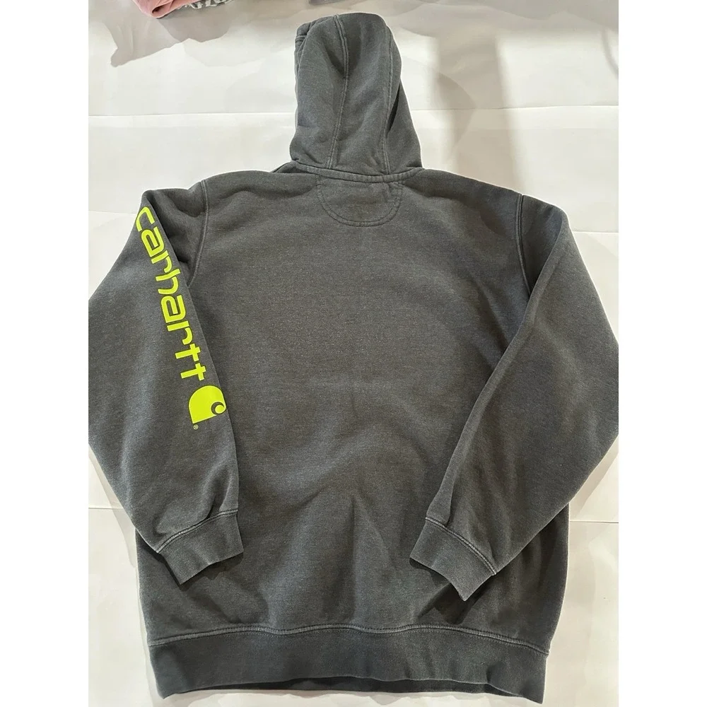 Carhartt Gray Logo Fleece Pullover Hoodie Drawstring Pockets Cotton Blend Size M